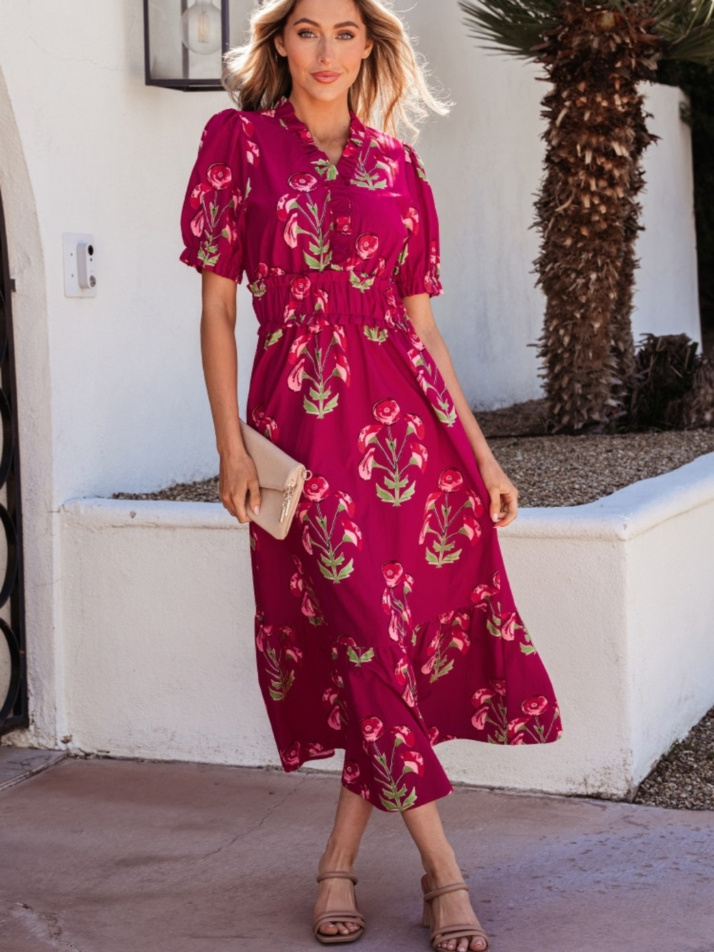 Women's Magenta Floral Midi Dress -